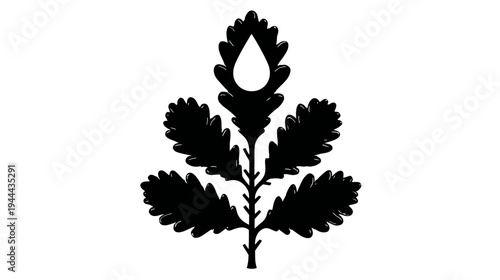 A stark, symmetrical design featuring a stylized plant. The leaves and a droplet are black on white