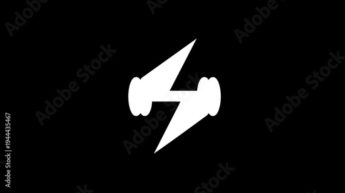 A stark white graphic resembling a dumbbell intersected by a lightning bolt, set against black