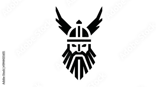 Black graphic of a bearded face with a helmet and wings on a white background