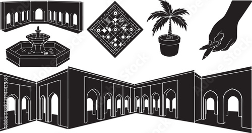 Black and white illustration of a courtyard with architecture
