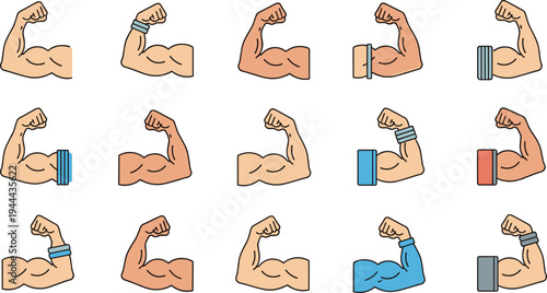 Flexing muscular arm icons collection with wristbands and fitness bands, strong biceps strength symbols vector illustration set