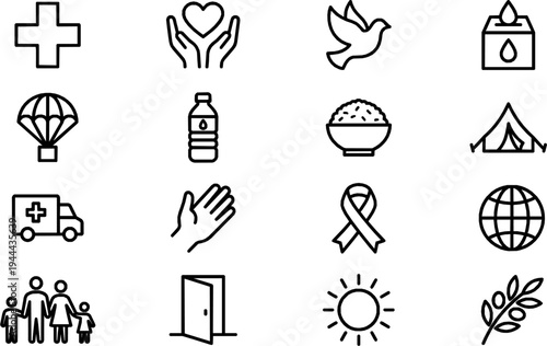 Humanitarian Aid Relief and Charity Line Art Icon Set