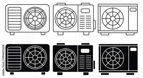 AC Outdoor Unit Icon Vector, air conditioner condenser fan silhouette, heating and cooling appliance symbol, HVAC system equipment sign, ventilation climate control technology illustration