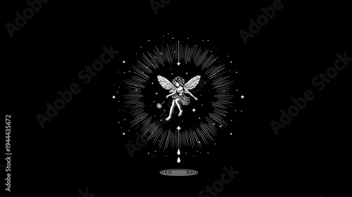 A white fairy with wings surrounded by starbursts and stars on a black background
