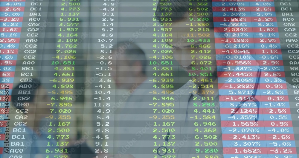 Obraz premium Viewing three traders studying market data at office, with glass ticker and business attire