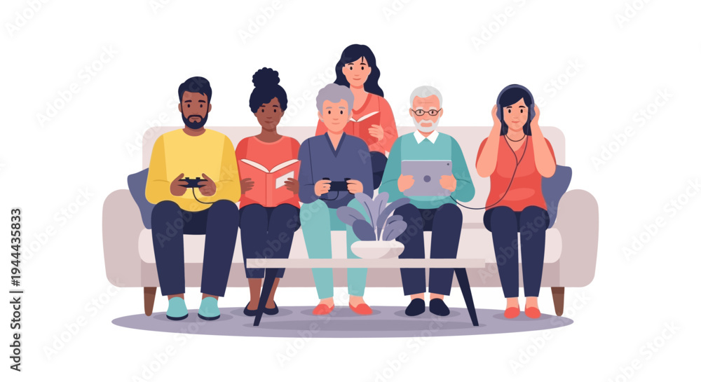 Fototapeta premium Diverse Generations on Sofa Enjoying Leisure: Gaming, Reading, Music, Tablet Use. Family Togetherness & Digital Life