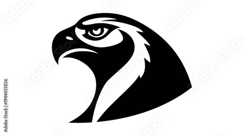 Stylized, side-profile illustration of a raptor's head, stark black silhouette on a white ground