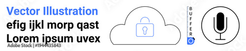 Cloud security, data protection, audio technology, digital tools, encryption services, modern storage. Cloud with a lock, microphone buffer text. Cloud security and data protection concept