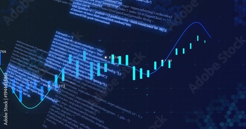 Displaying teal candlestick chart tracing smooth trend line on dark dashboard showing code labels