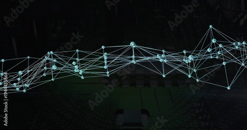 Displaying glowing cyan nodes and connecting lines flowing across PCB at center, with microchip