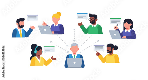 Diverse Business Team Collaborating Remotely with Centralized Communication and Data Exchange via Online Network