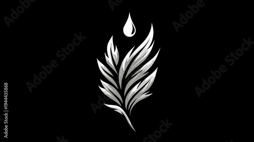 Stylized grayscale emblem of a droplet above feather-like elements against a black background