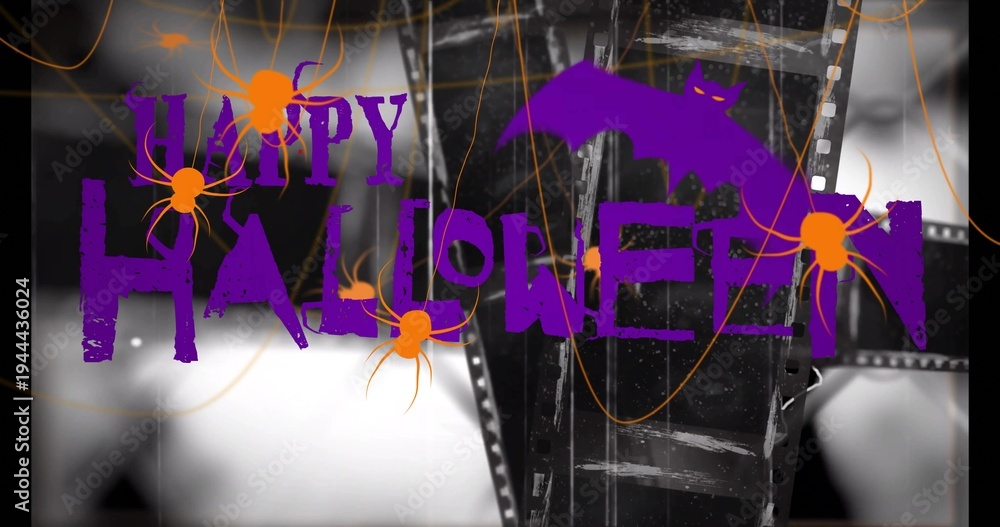 Fototapeta premium Displaying distressed purple HAPPY HALLOWEEN text with purple bat and orange spiders on film strips
