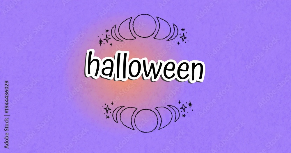 Fototapeta premium Showing 'halloween' word glowing on purple texture, with white outline, orange halo, moon doodles