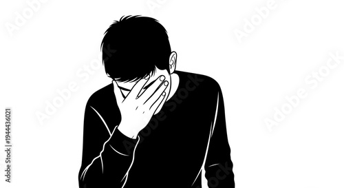 Man covering face in despair, stress, sadness, or shame, black and white illustration