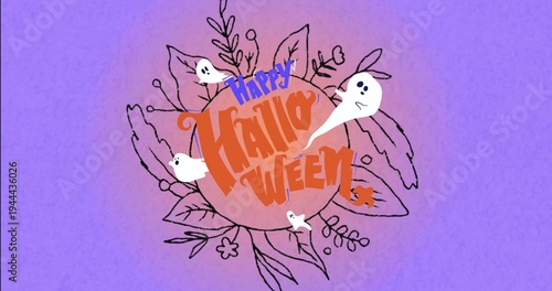 Showing orange Halloween badge, blue Happy on purple, white ghosts, black leaves, orange creature