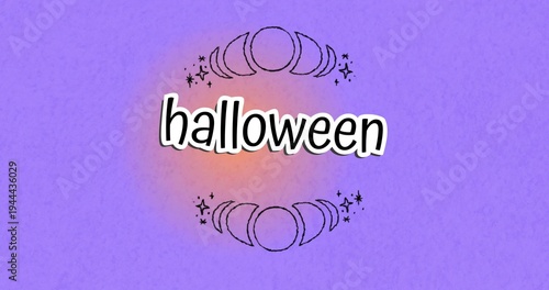Showing 'halloween' word glowing on purple texture, with white outline, orange halo, moon doodles