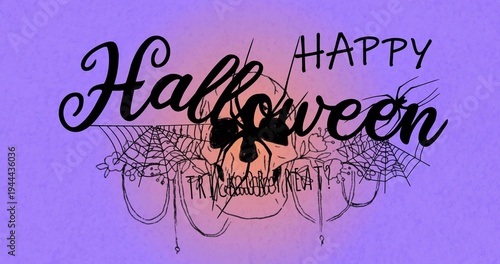 Displaying Halloween poster centered on purple gradient, featuring Happy Halloween lettering, skull