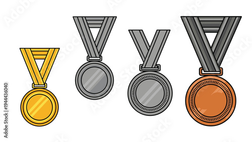 Collection of four sports medals including gold, two silver, and one bronze awarded for excellence and competition success.