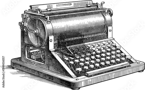 Vintage black and white engraving illustration of antique typewriter with mechanical keys, platen, gears, and levers showcasing historical office technology craftsmanship