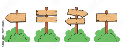 Cartoon Wooden Signboard Collection With Green Grass Vector Set 