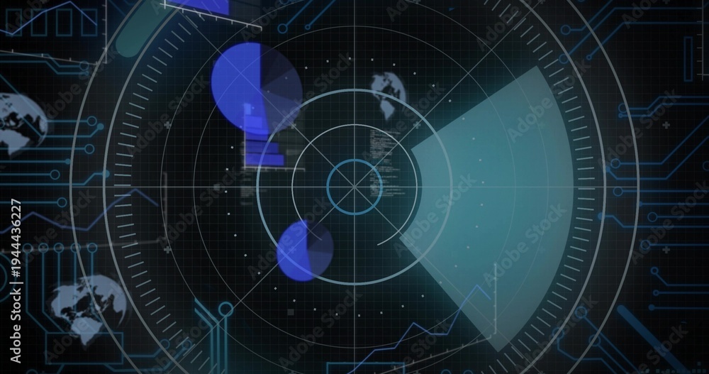 Fototapeta premium Scanning central radar overlay showing teal sweep in HUD, rings, crosshair, blips, globe icons