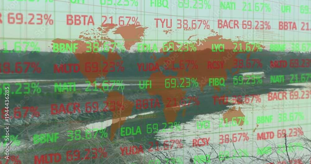 Obraz premium Live market feed updating, financial overlay pulsing across wetland, showing world map and tickers