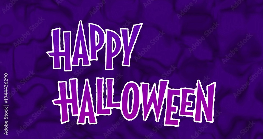 Fototapeta premium Showing HAPPY HALLOWEEN text at center on purple marble, jagged letters with thick white outlines