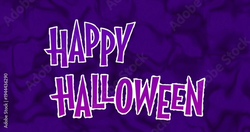 Showing HAPPY HALLOWEEN text at center on purple marble, jagged letters with thick white outlines