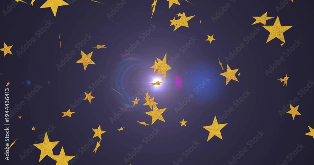 Obraz premium Glittering gold stars swirling around bright central flare in deep violet gradient, showing trails