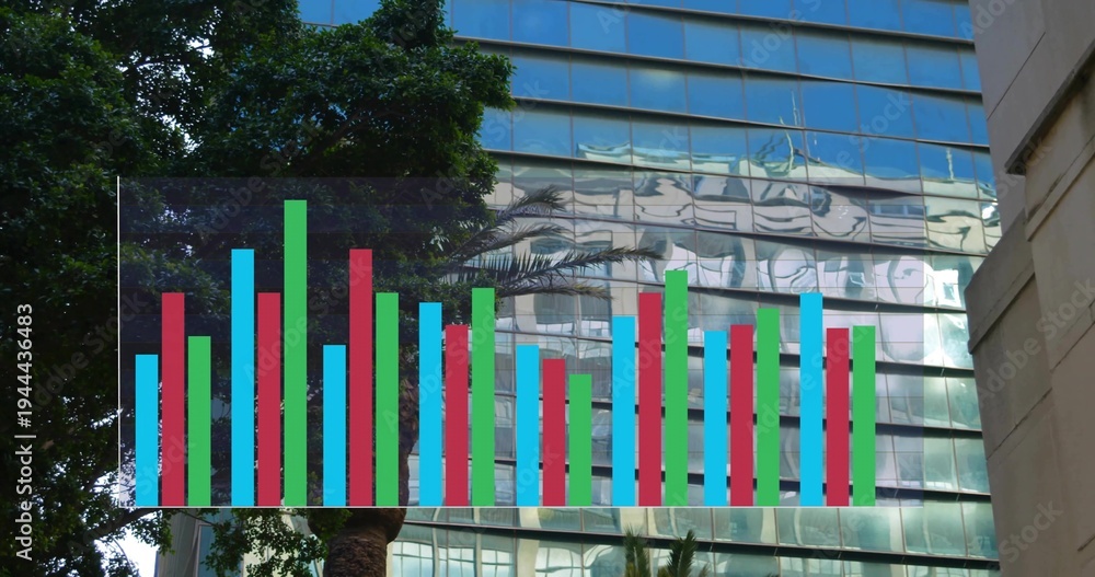Fototapeta premium Showing translucent bar chart overlay across glass facade at street, with palm and concrete wall