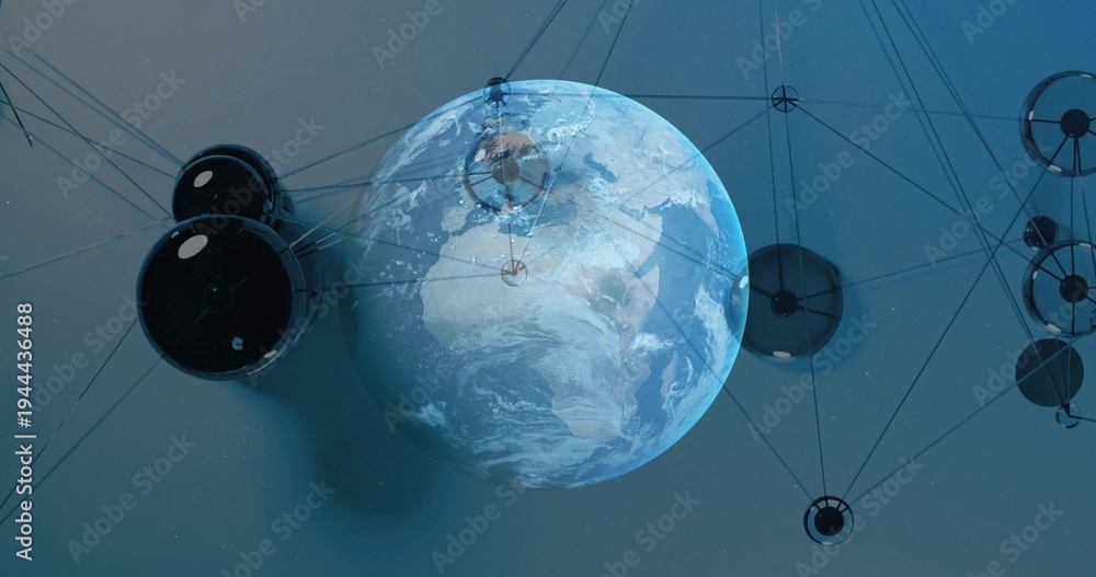Naklejka premium Floating glowing 3D Earth globe orbiting tension cables in virtual gallery, with twin-disc housings