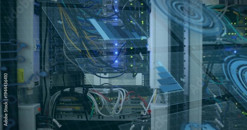 Displaying populated network rack with stacked switches, bundled cables in data center, LED lights