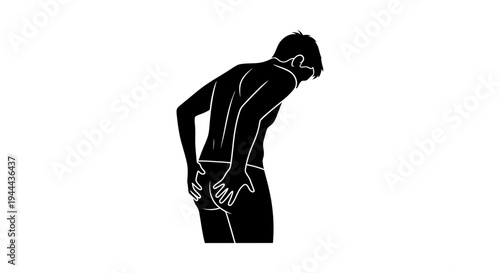 Man with hand on buttock, pain or discomfort, silhouette, isolated on white background
