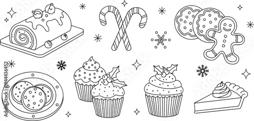 Christmas Holiday Dessert and Candy Line Art Vector Set with Cupcakes, Gingerbread Cookies, Candy Canes, Cake Roll, and Festive Sweets