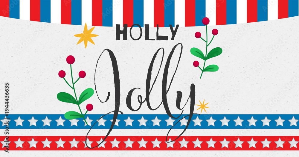 Fototapeta premium Featuring central Jolly brush and caps HOLLY on speckled gray paper with holly sprigs and stars
