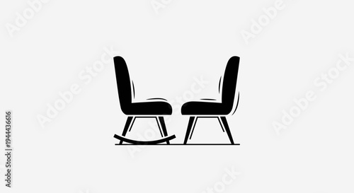Minimalist Black Chairs Silhouette: Rocking Chair and Modern Chair on White Background