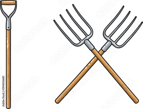 Garden pitchfork and shovel tools with wooden handles and metal prongs, farming and gardening equipment set for agriculture and yard work