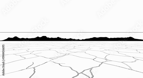 Minimalist Cracked Ice Landscape with Distant Mountains and Horizon