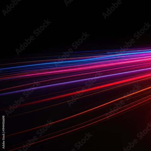 Flowing streaks of electric color capture the essence of residual light abstract photography. Vibrant blurred energy lines streak across a profound darkness, horizontal, colorful, futuristic