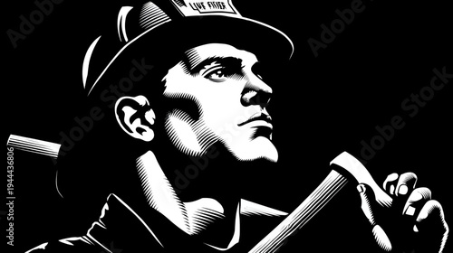 A grayscale illustration of a person wearing a helmet and looking up while holding a tool