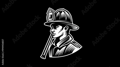 A firefighter in profile is portrayed wearing a helmet and coat, holding a tool with a dark background