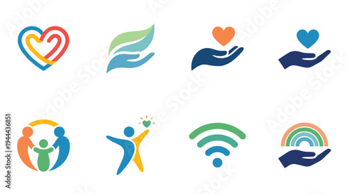 Set of healthcare and charity icons featuring helping hands hearts family care wifi connection wellness and environmental support symbols