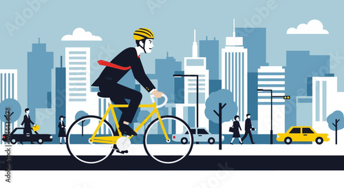 Businessman Commuting on Bicycle in Modern Cityscape
