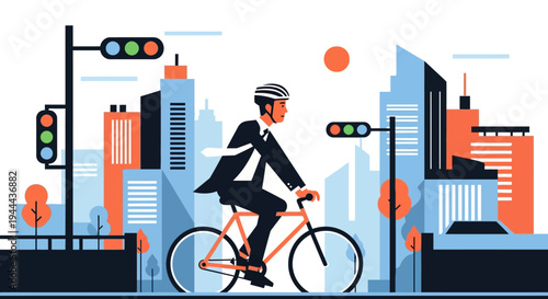 Businessman Commuting to Work by Bicycle in Modern City
