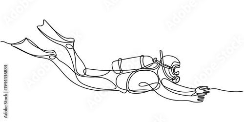 Scuba diver concept in One continuous line drawing with Doodle vector illustration in simple linear style, black and white ink on white background.