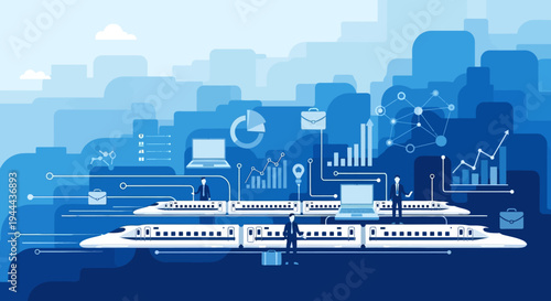Business travel and digital communication concept with high speed trains and data analytics