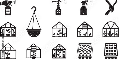 Black and white illustration set of greenhouse and gardening tools