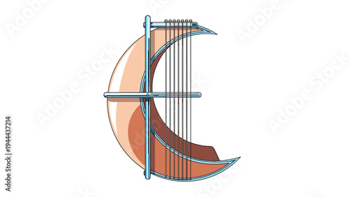 Unique musical instrument designed in the shape of a crescent moon with strings and metal hardware in a creative illustration.