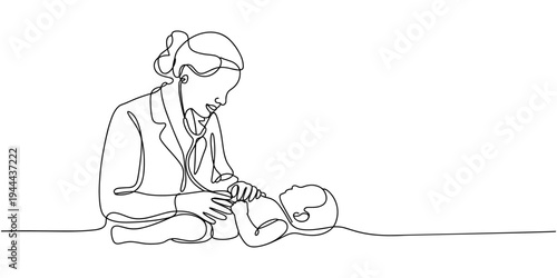 One single line drawing of young female pediatric doctor examining baby health condition and check the heart beat. Medical health care service concept continuous line draw design vector illustration